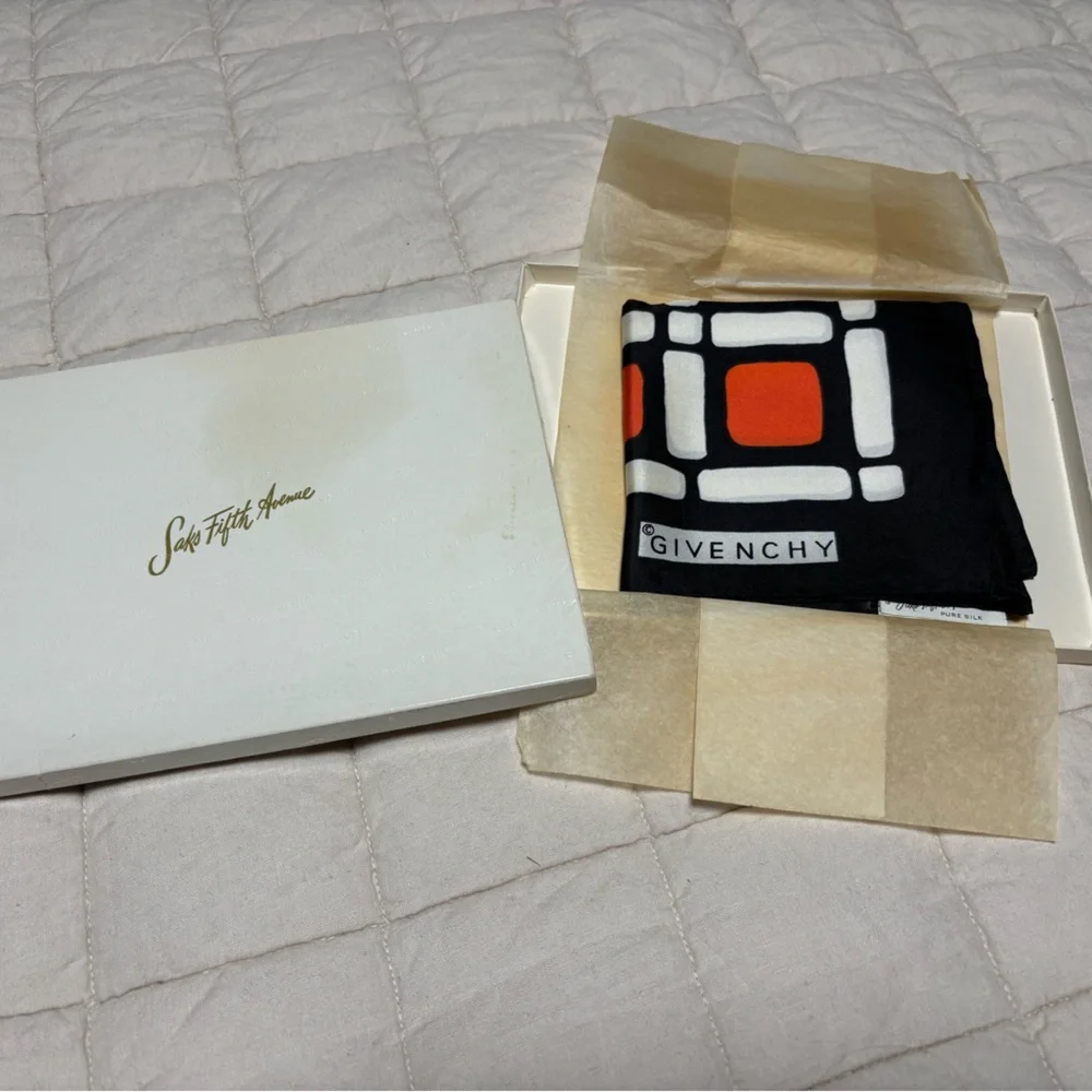 Vintage GIVENCHY Scarf - 100% Silk Orange & Black Block Scarf Saks Fifth Avenue
